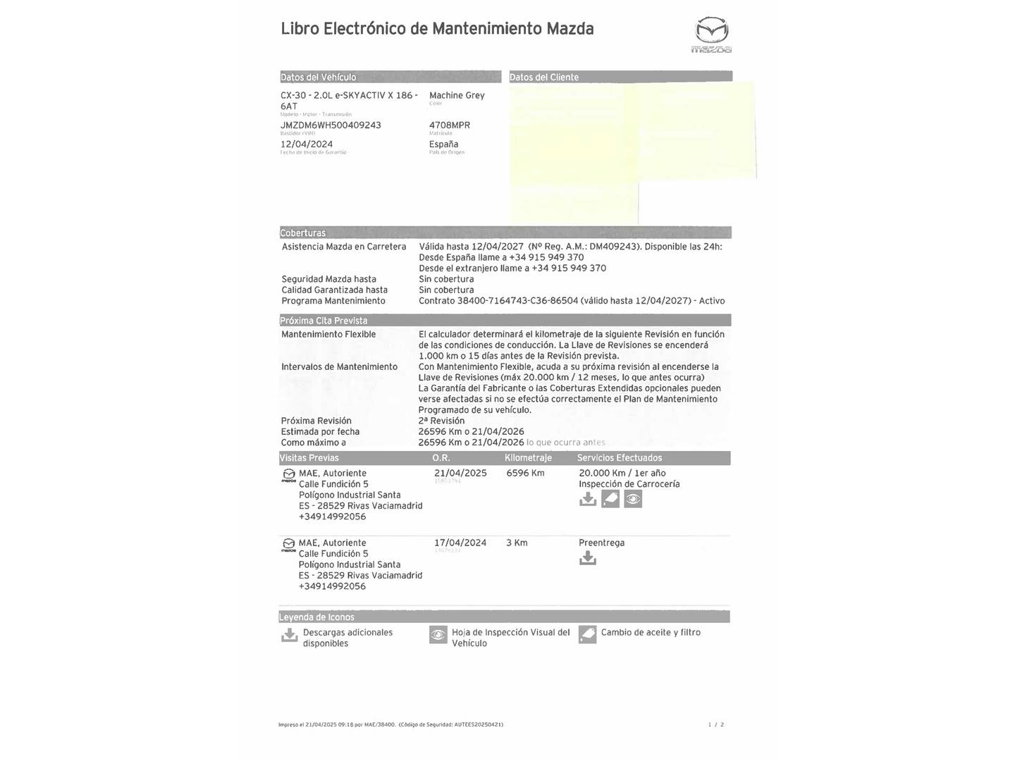 Foto del mantenimiento del Mazda CX-30 Mazda CX-30 e-Sky X MHEV AT Exclusive-Line Plus (186 CV)