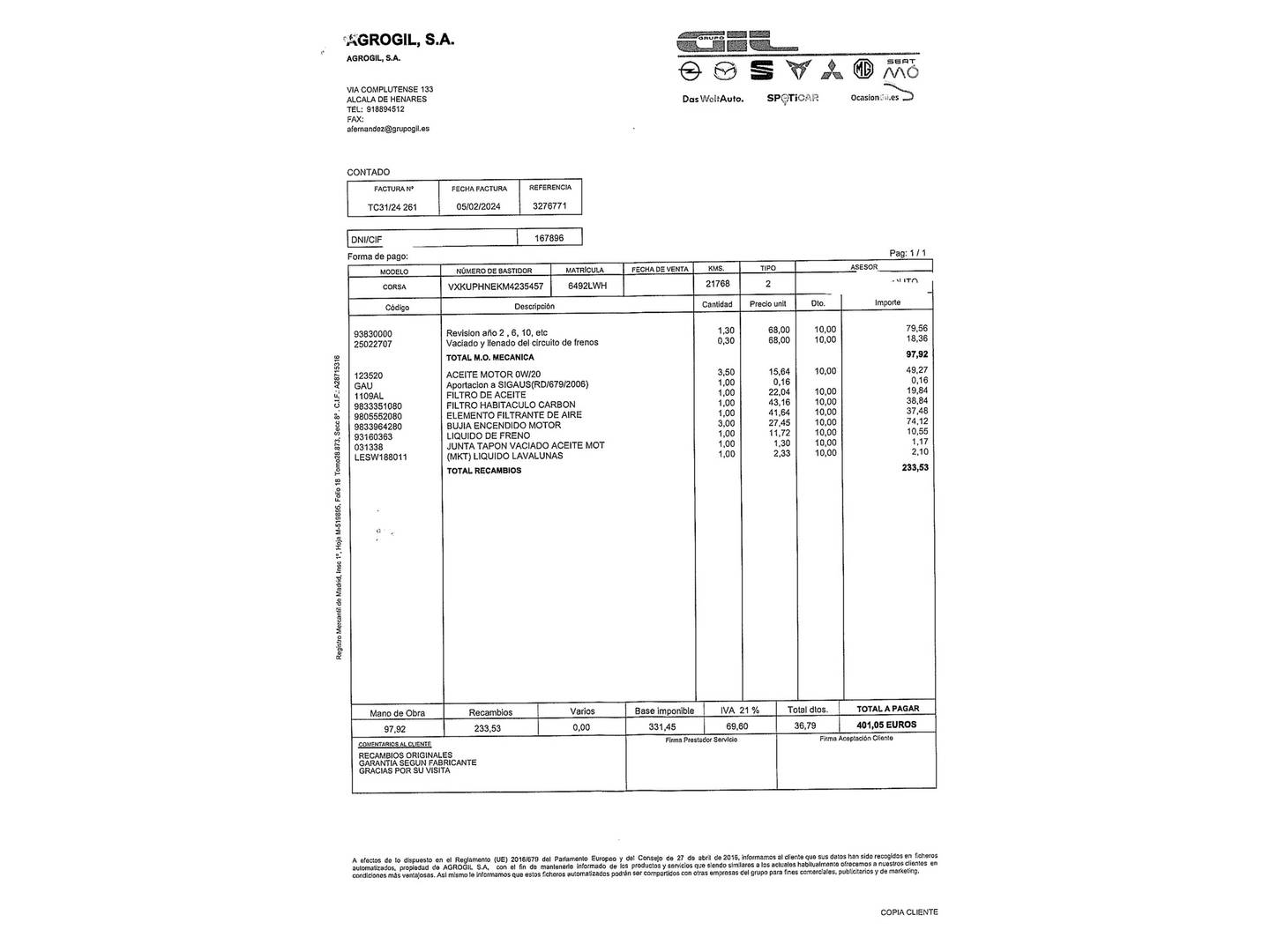 Foto del mantenimiento del Opel Corsa Opel Corsa 1.2 Turbo XHL GS-Line (100 CV)