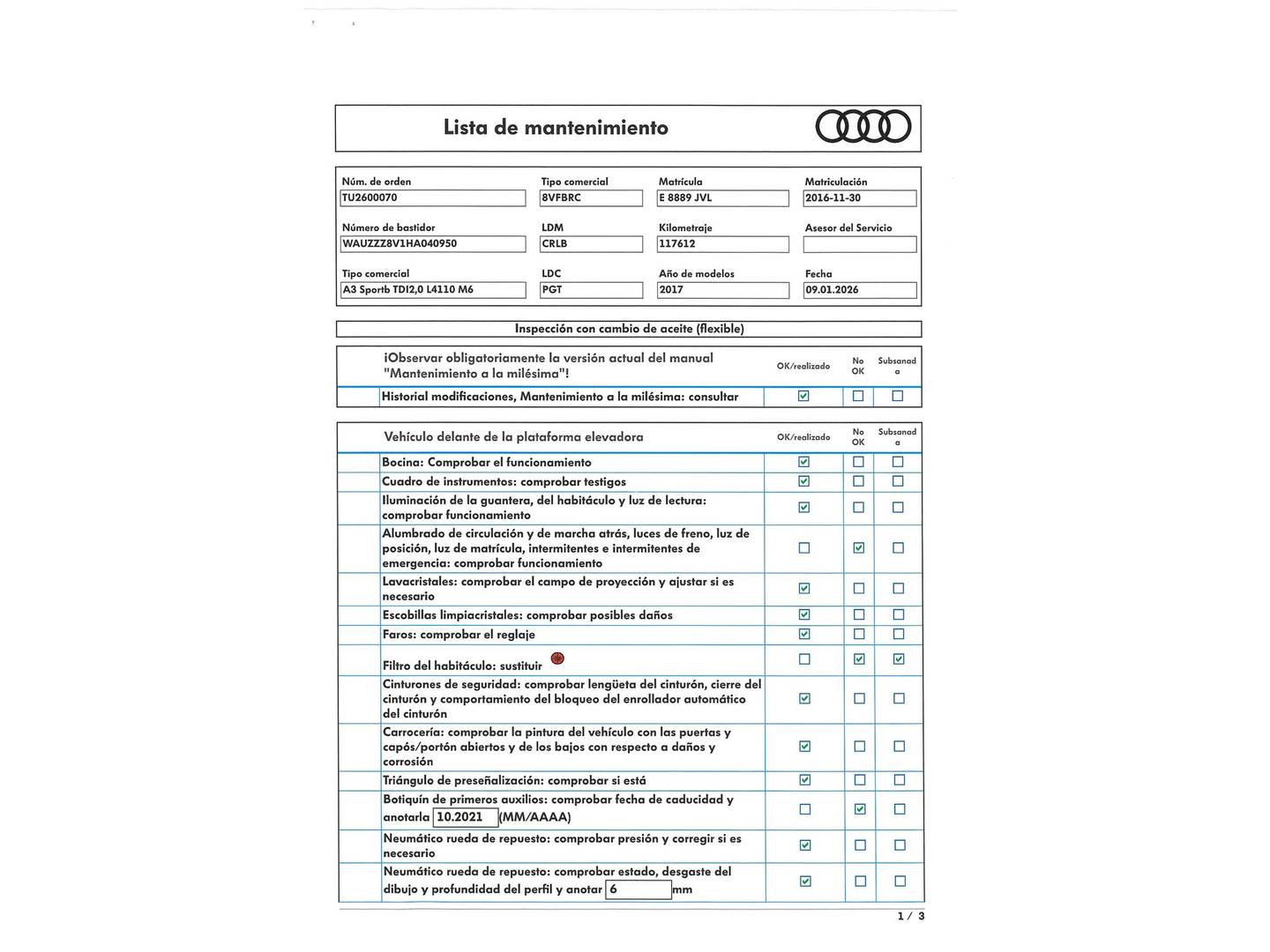 Foto del mantenimiento del Audi A3 Audi A3 Sportback sport edition 2.0 TDI (150 CV)