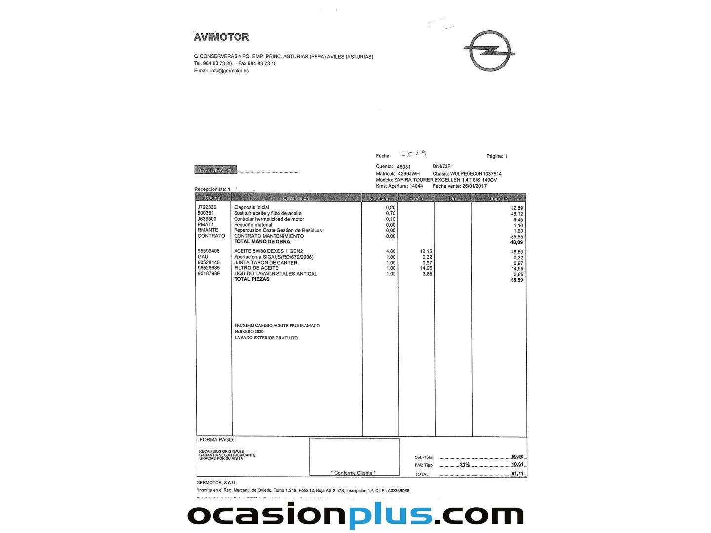 Foto del mantenimiento del Opel Zafira Tourer Opel Zafira Tourer 1.4 Turbo S&S Excellence  (140 CV) 7 plazas