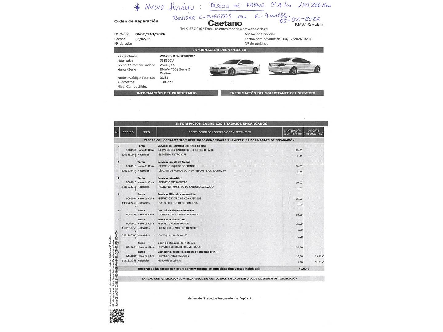 Foto del mantenimiento del BMW Serie 3 BMW Serie 3 320d (184 CV)