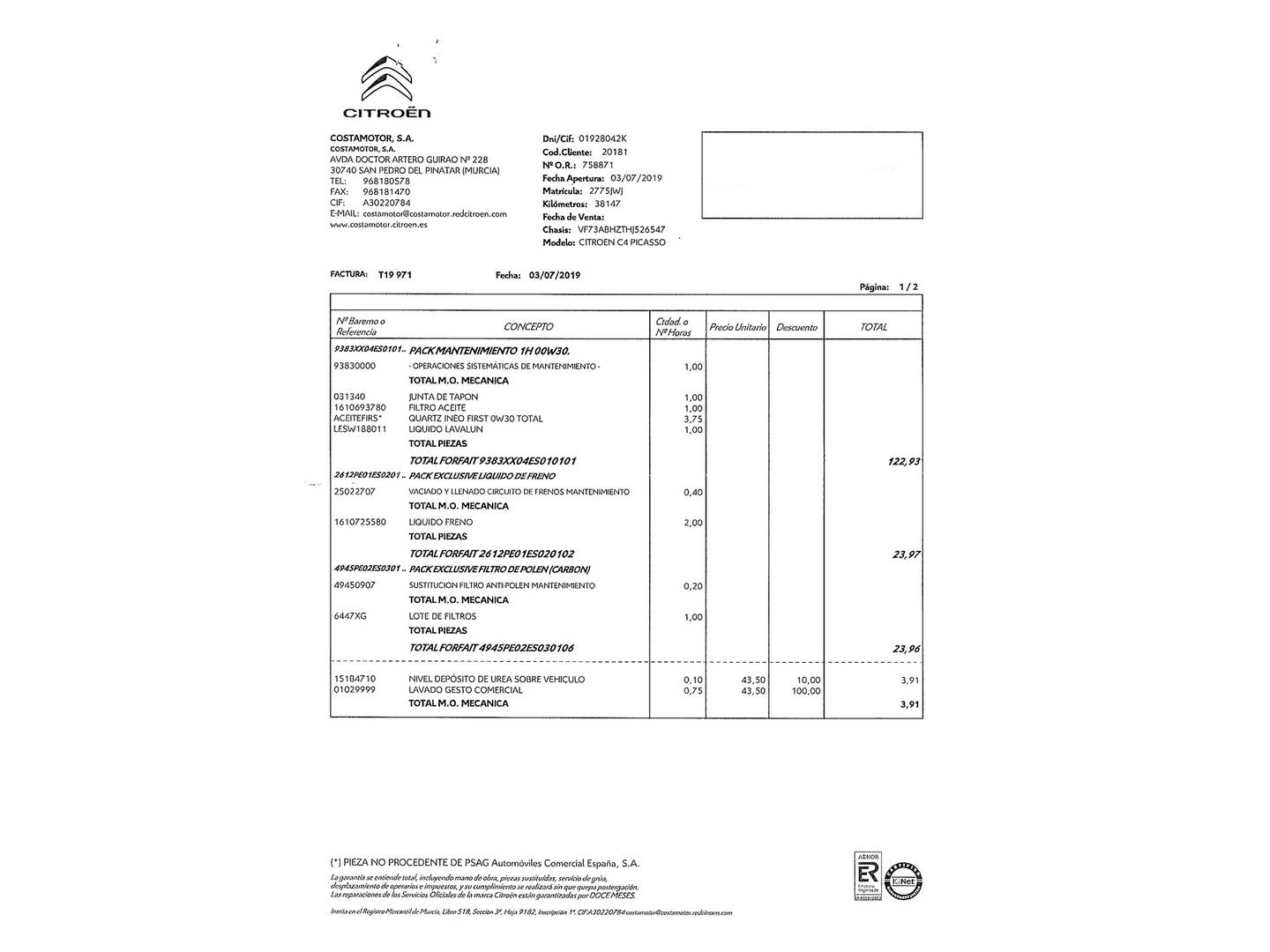 Foto del mantenimiento del Citroën Grand C4 Picasso Citroën Grand C4 Picasso BlueHDi 120 S&S Feel EAT6 (120 CV) 7 Plazas