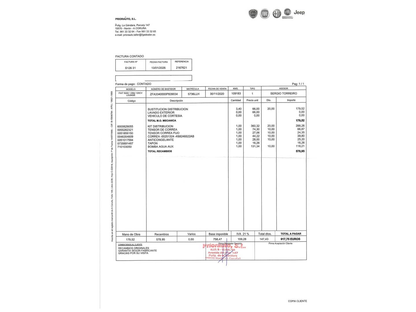 Foto del mantenimiento del Fiat 500X Fiat 500X 1.6 MultiJet Lounge 4x2 (120 CV)