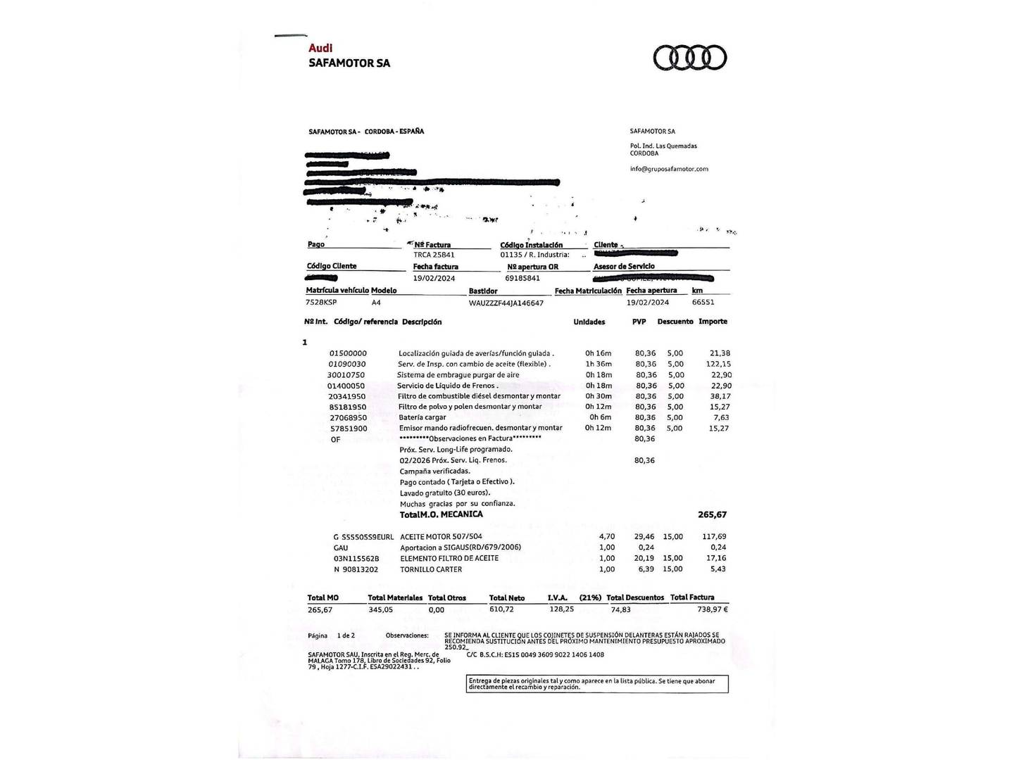 Foto del mantenimiento del Audi A4 Audi A4 S line edition 2.0 TDI (150 CV)