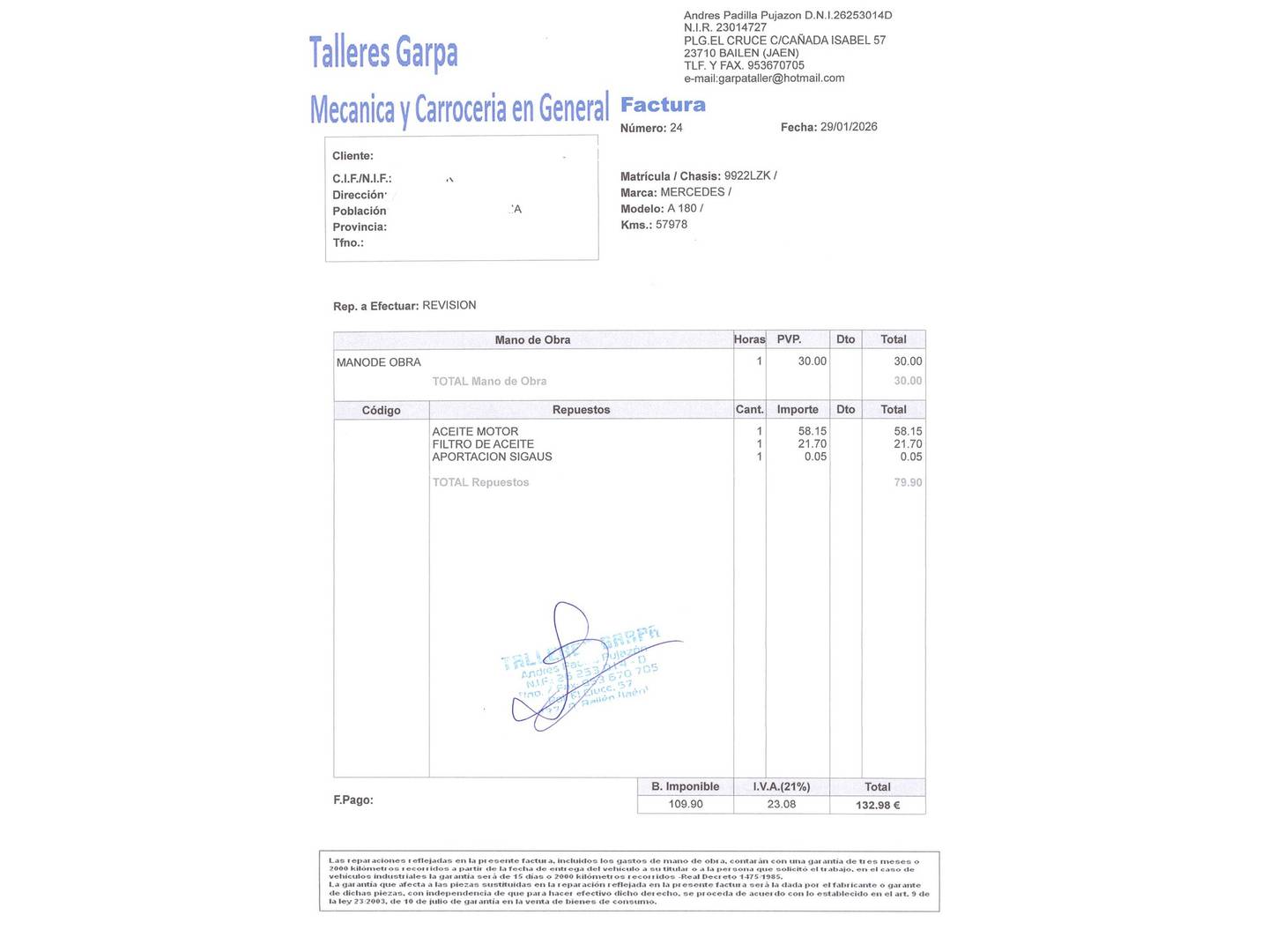 Foto del mantenimiento del Mercedes Clase A Mercedes-Benz Clase A Clase A 180 (136 CV)
