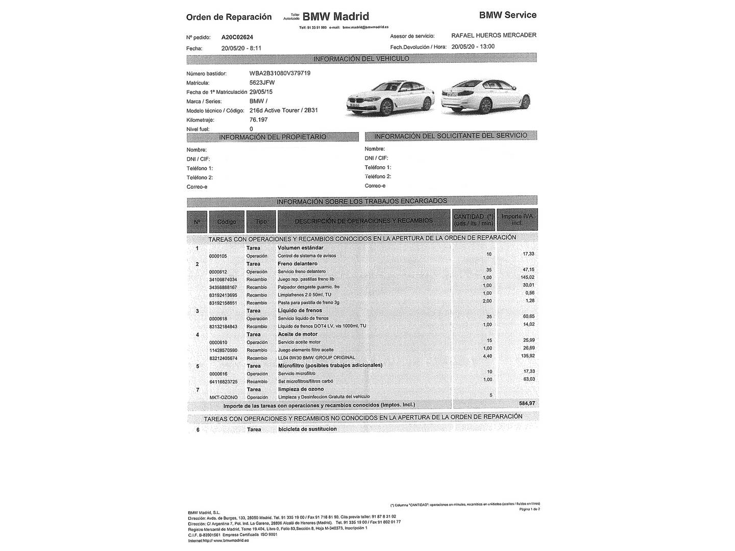 Foto del mantenimiento del BMW Serie 2 Active Tourer BMW Serie 2 216d Active Tourer (116 CV)