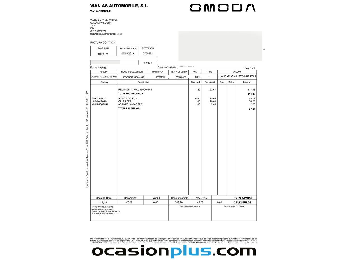 Foto del mantenimiento del JAECOO 7 JAECOO 7 1.6 TGDI Select FWD (145 CV)