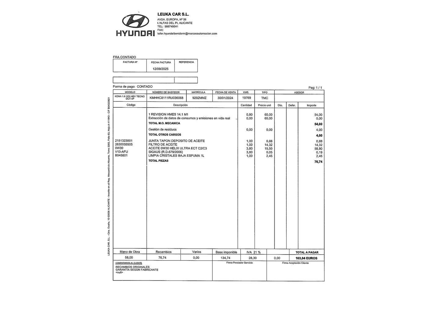Foto del mantenimiento del Hyundai Kona Hyundai Kona 1.6 GDI HEV Tecno DCT (141 CV)