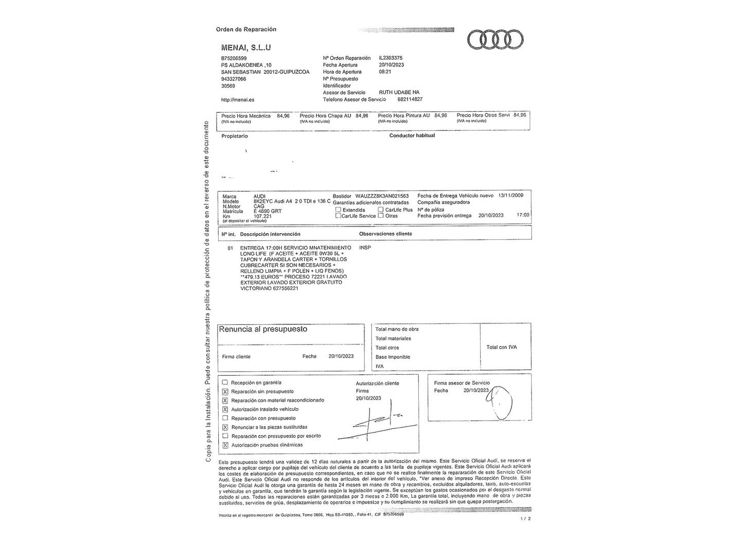 Foto del mantenimiento del Audi A4 Audi A4 2.0 TDI e DPF (136 CV)