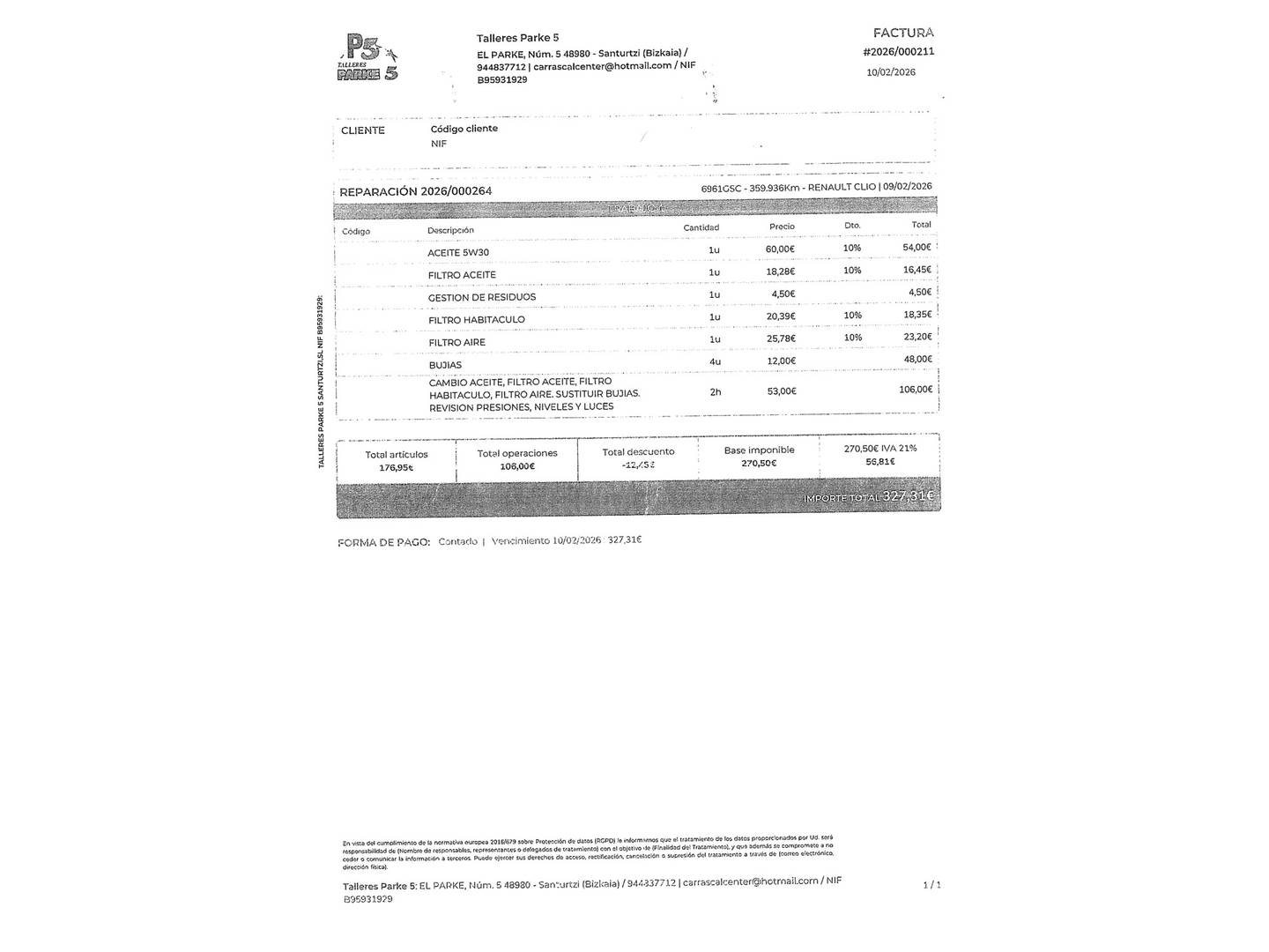 Foto del mantenimiento del Renault Clio Renault Clio 1.2 Authentique (75 CV)