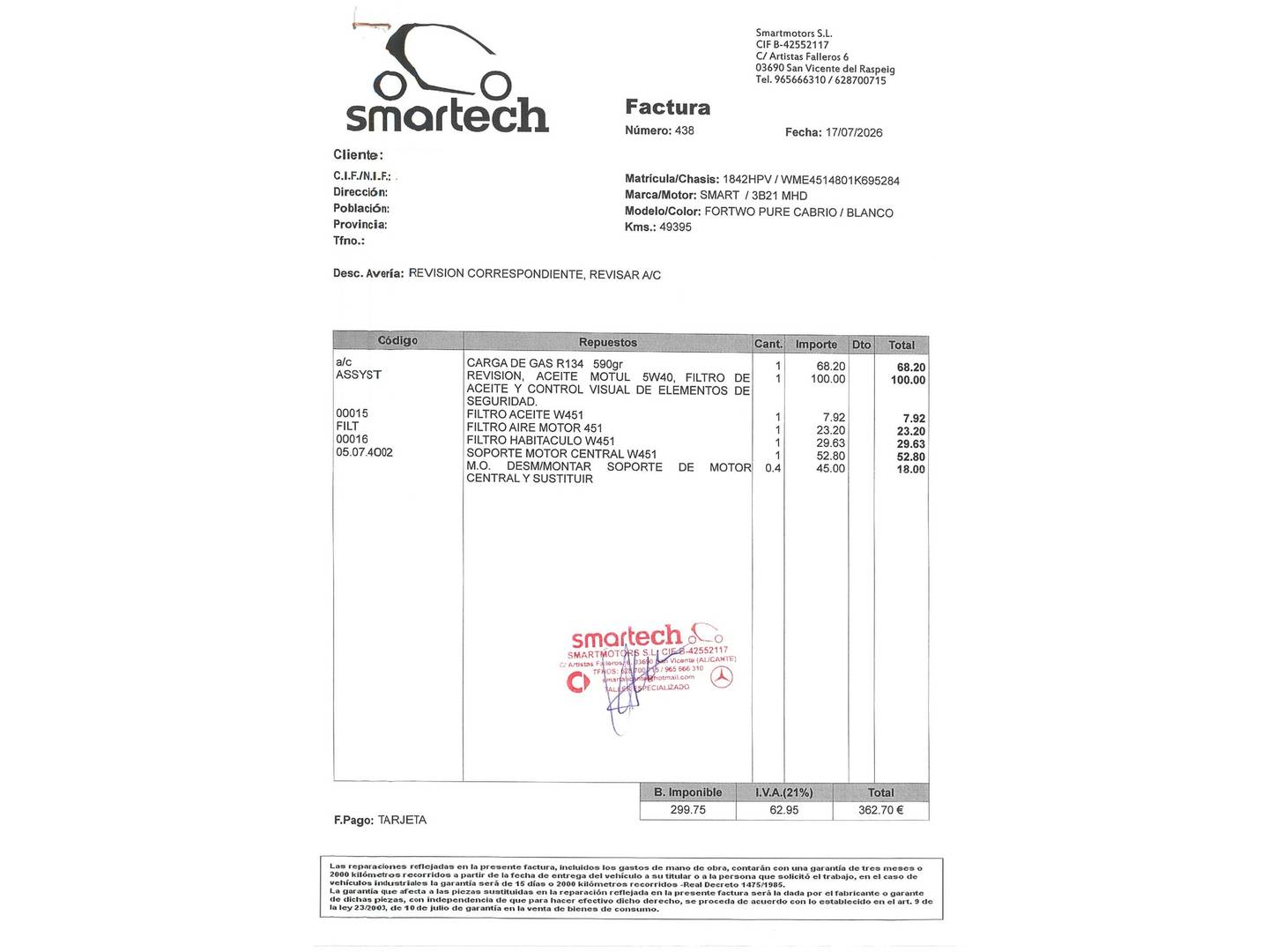 Foto del mantenimiento del Smart fortwo Smart ForTwo Cabrio 52 Pure (71 CV)
