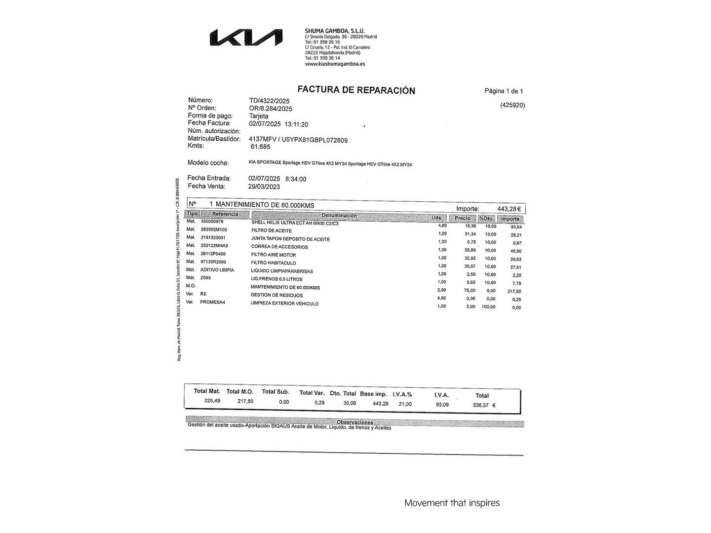 Foto del mantenimiento del KIA Sportage KIA Sportage 1.6 T-GDi HEV GT Line 4x4 (230 CV)