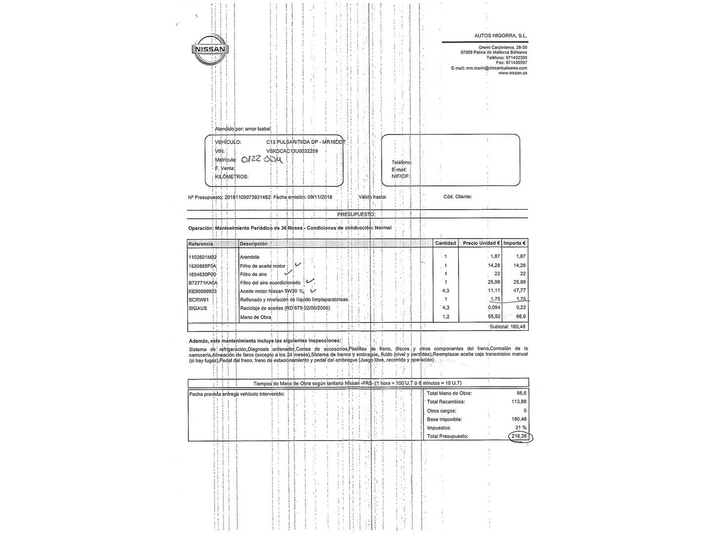 Foto del mantenimiento del Nissan PULSAR Nissan Pulsar DIG-T 190 Tekna (190 CV)