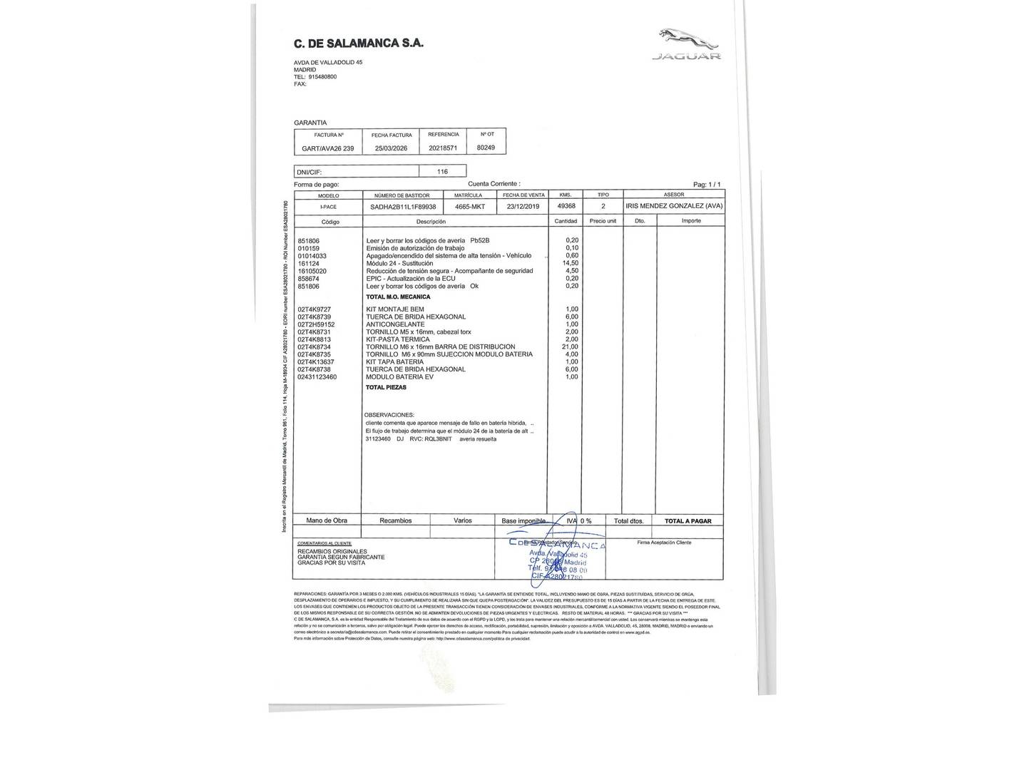 Foto del mantenimiento del Jaguar i-Pace Jaguar I-PACE EV400 S 4WD Auto (400 CV)