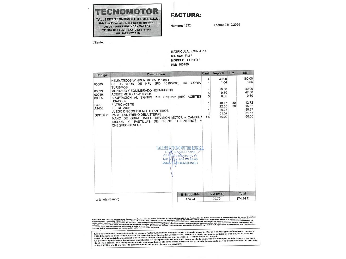 Foto del mantenimiento del Fiat Punto Fiat Punto 1.3 Multijet Easy (75 CV)
