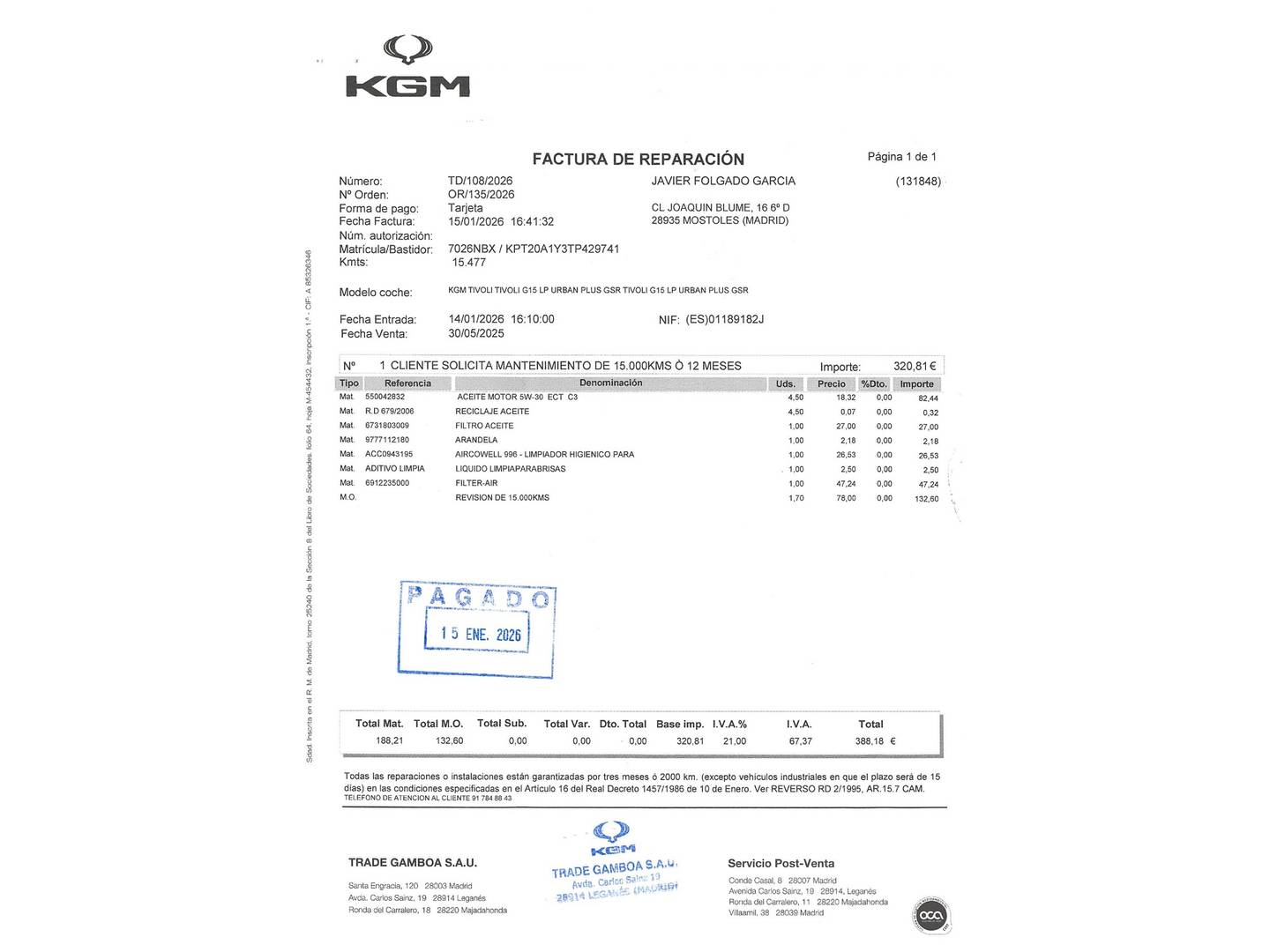 Foto del mantenimiento del KGM Tivoli KGM Tivoli G15T LP Urban Plus (135 CV)