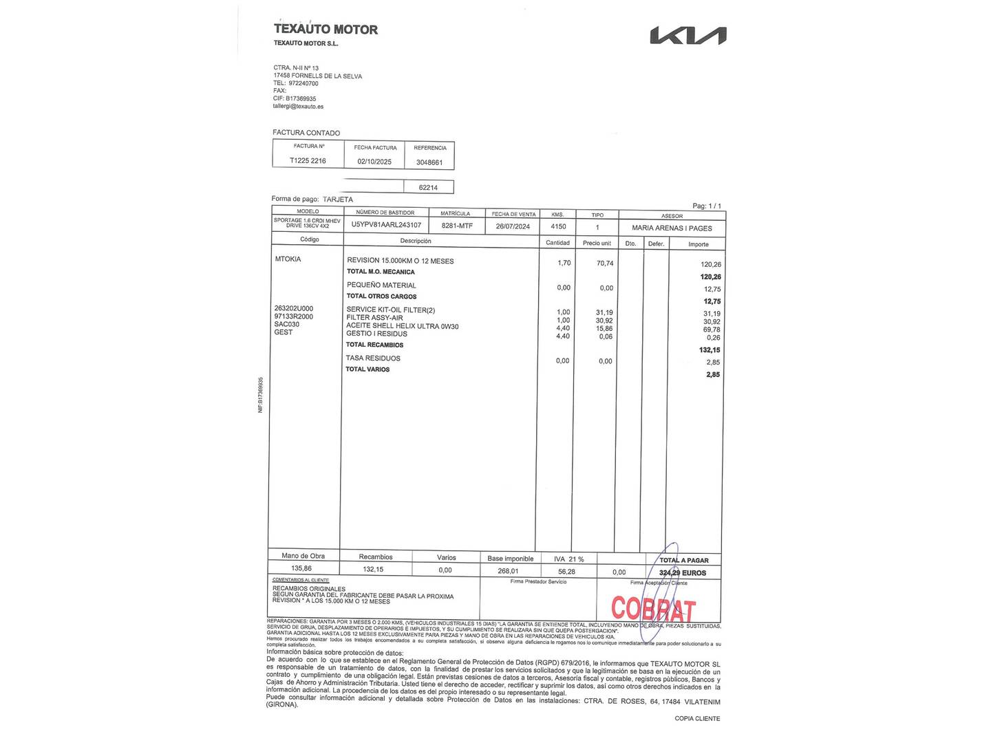 Foto del mantenimiento del KIA Sportage KIA Sportage 1.6 CRDi MHEV Drive 4x2 (136 CV)