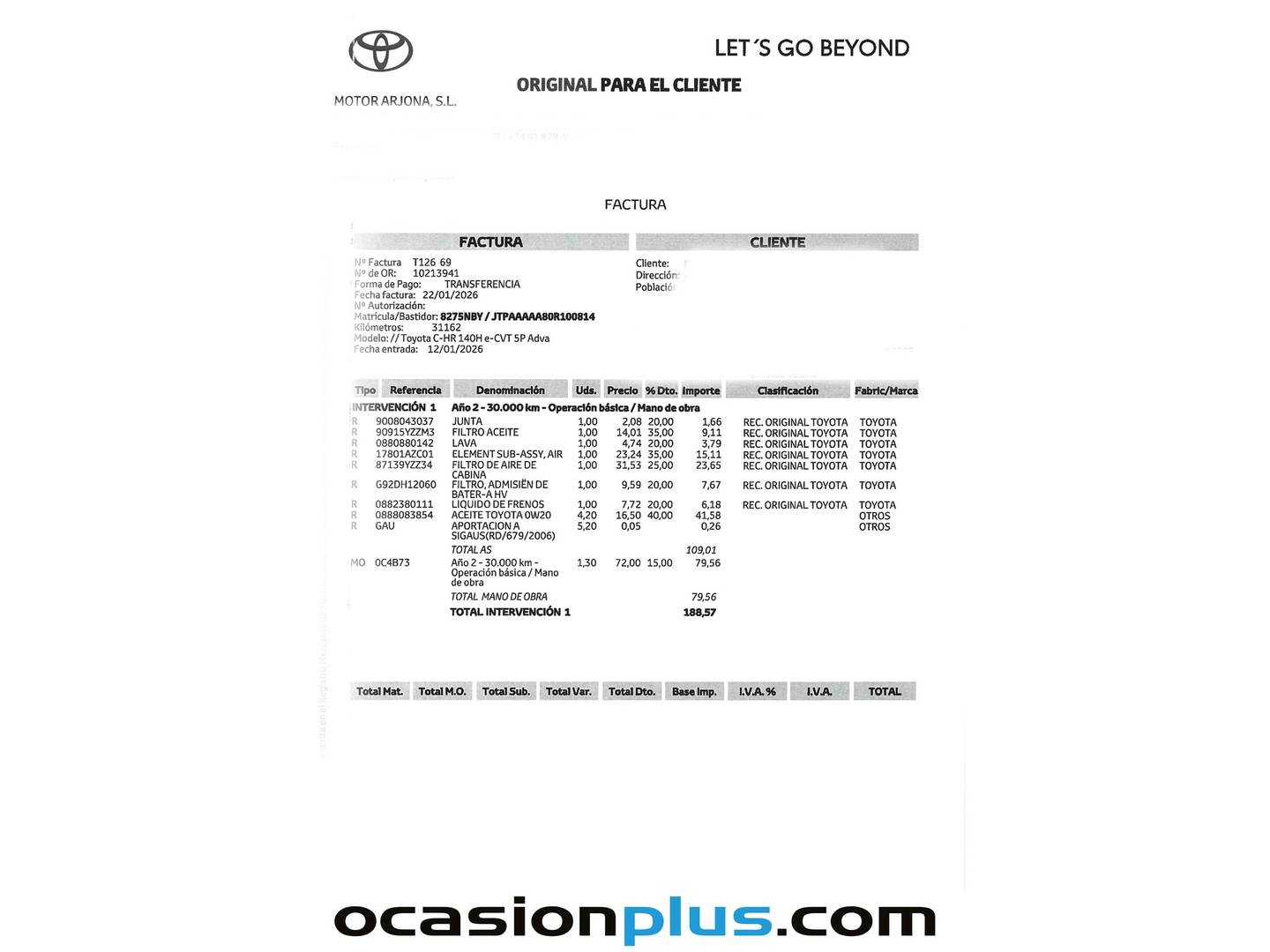 Foto del mantenimiento del Toyota C-HR Toyota C-HR 140H Advance (140 CV)