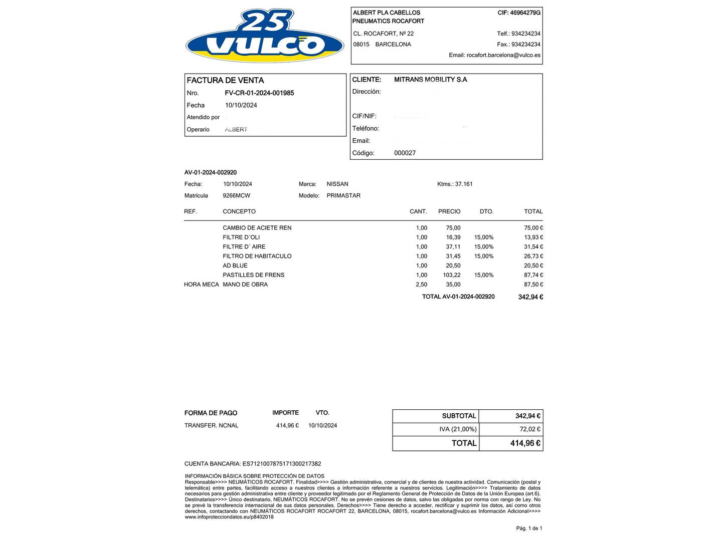 Foto del mantenimiento del Nissan Primastar Nissan Primastar Furgón 2.0 dCi Comfort L1H1 1T  (110 CV)