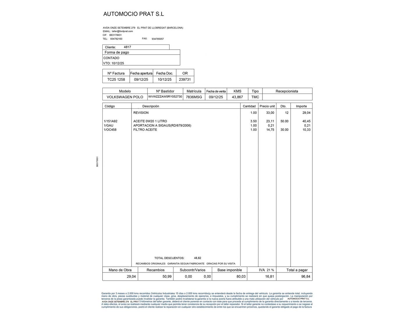 Foto del mantenimiento del Volkswagen Polo Volkswagen Polo Life 1.0 TSI (95 CV) DSG