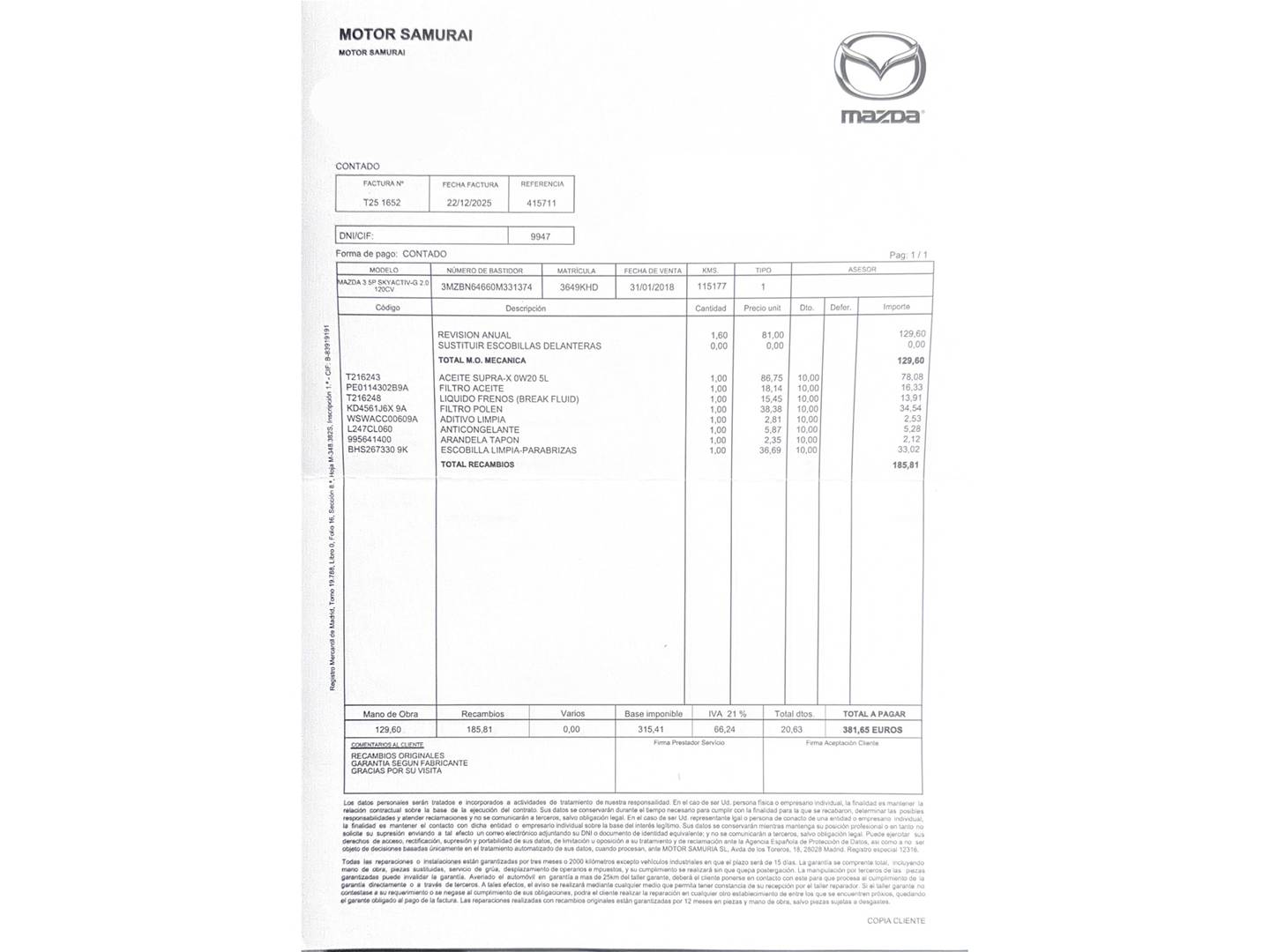 Foto del mantenimiento del Mazda Mazda3 Mazda Mazda 3 2.0 GE Black Tech Edition MT (120 CV)