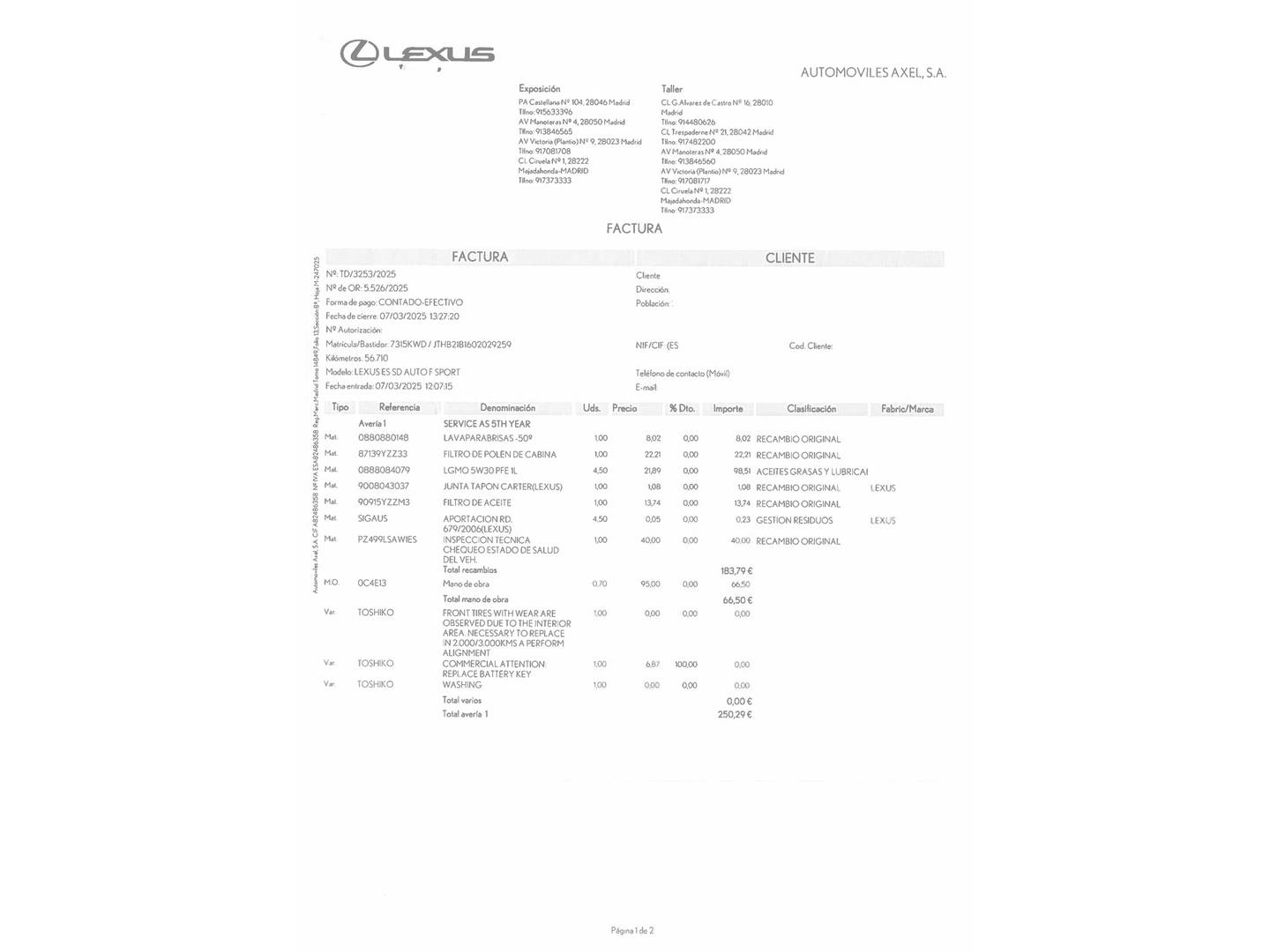 Foto del mantenimiento del Lexus ES Lexus ES 300h F Sport (218 CV)