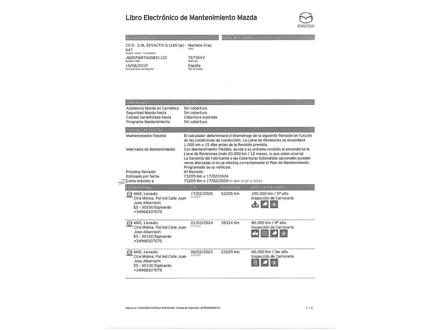 Foto del mantenimiento del Mazda CX-5 Mazda CX-5 2.0 G Zenith 2WD Auto (165 CV)