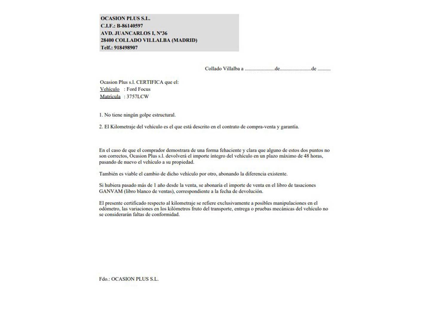 Foto del certificado del Ford Focus Ford Focus 1.0 EcoBoost ST-Line X (125 CV)