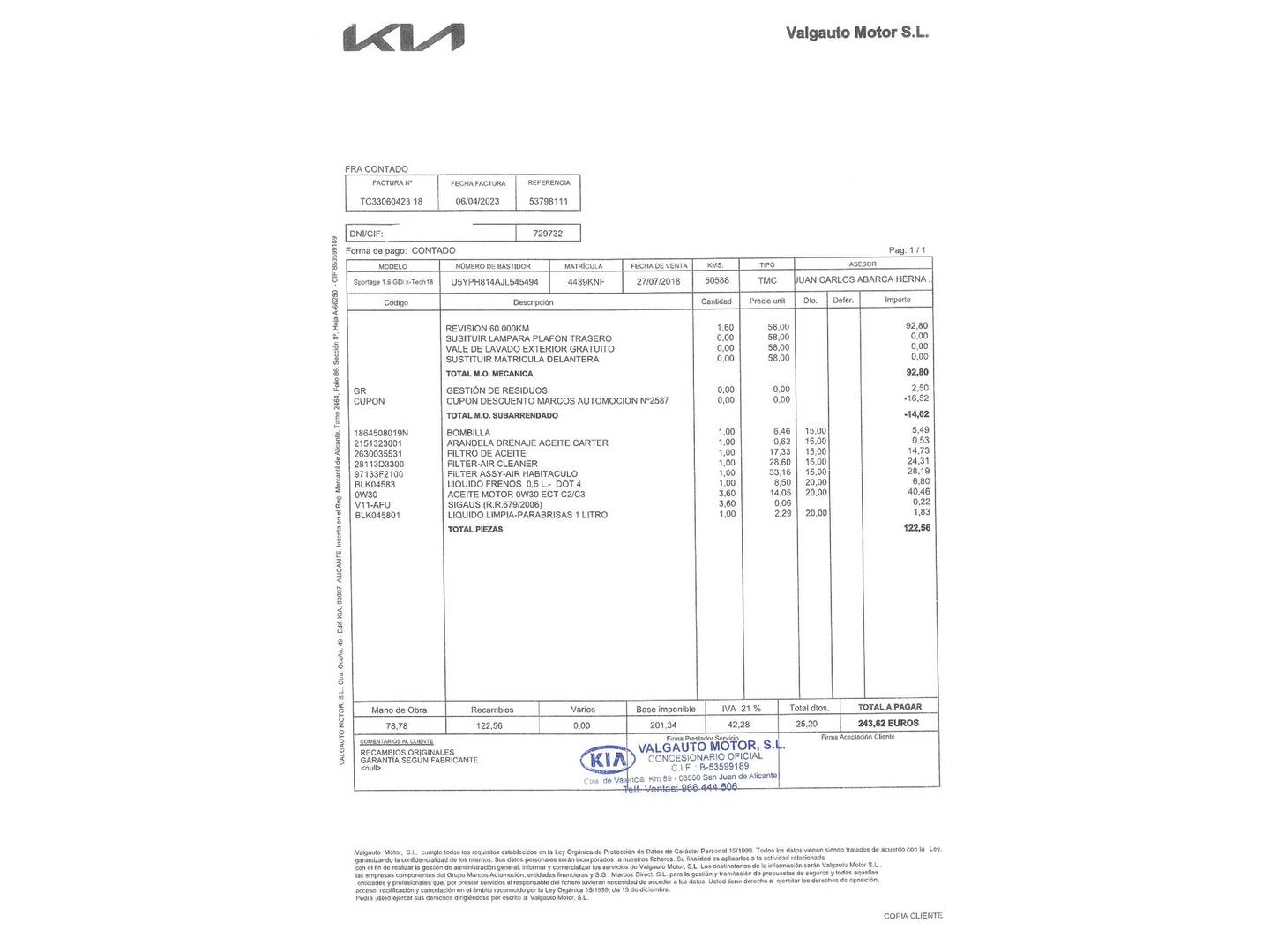 Foto del mantenimiento del KIA Sportage KIA Sportage 1.6 GDi x-Tech18 4x2 (132 CV)
