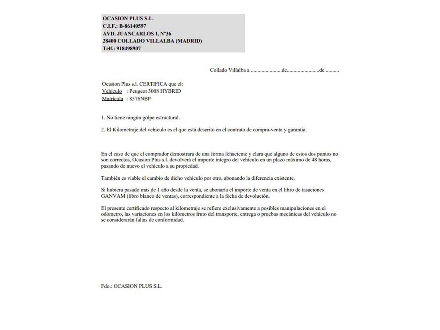 Foto del certificado del Peugeot 3008 Hybrid Peugeot 3008 Hybrid 145 Allure eDCS6 (145 CV)