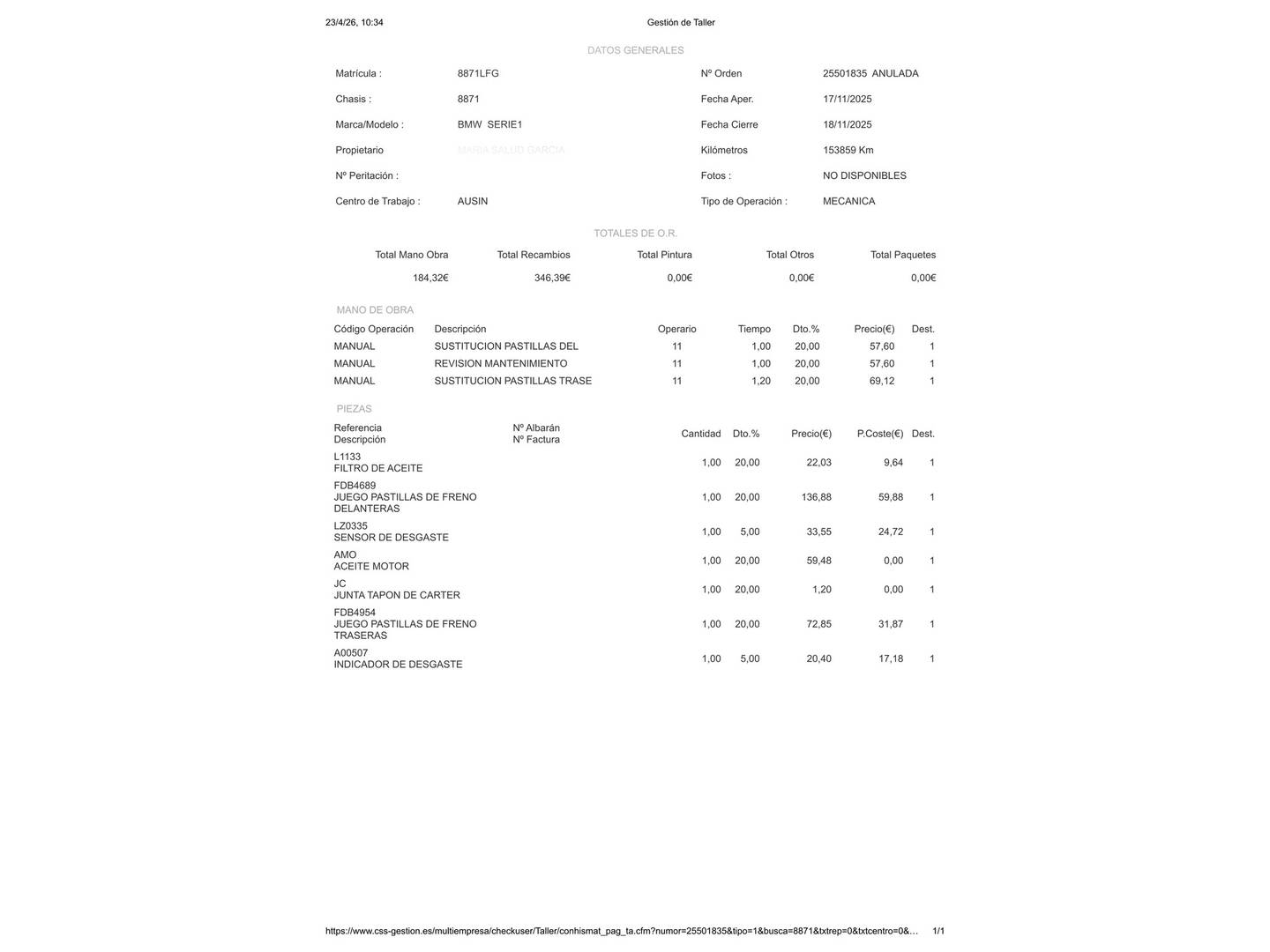 Foto del mantenimiento del BMW Serie 1 BMW Serie 1 118d (150 CV)