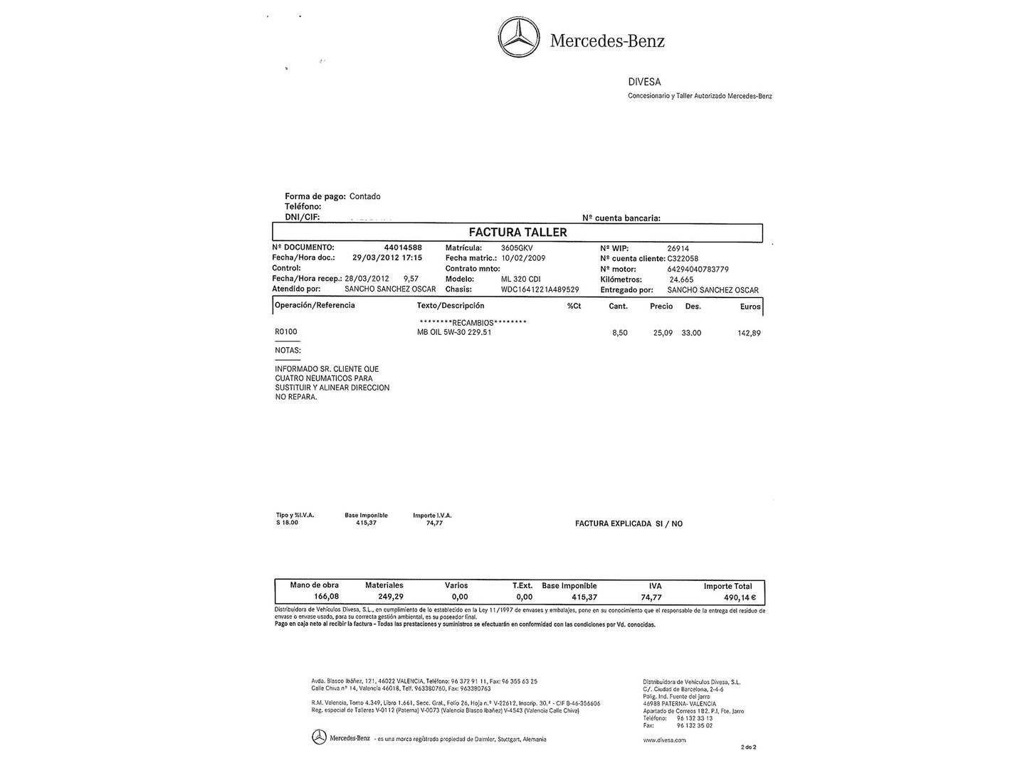 Foto del mantenimiento del Mercedes Clase M Mercedes Clase M ML 320 CDI Edition 10 (224 CV)