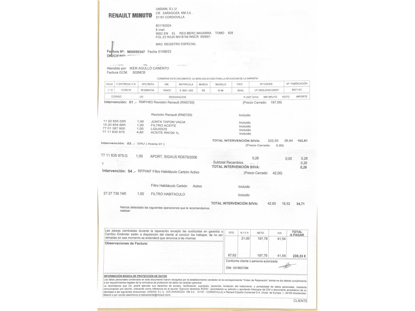 Foto del mantenimiento del Renault Clio Renault Clio Technofeel dCi  (90 CV)