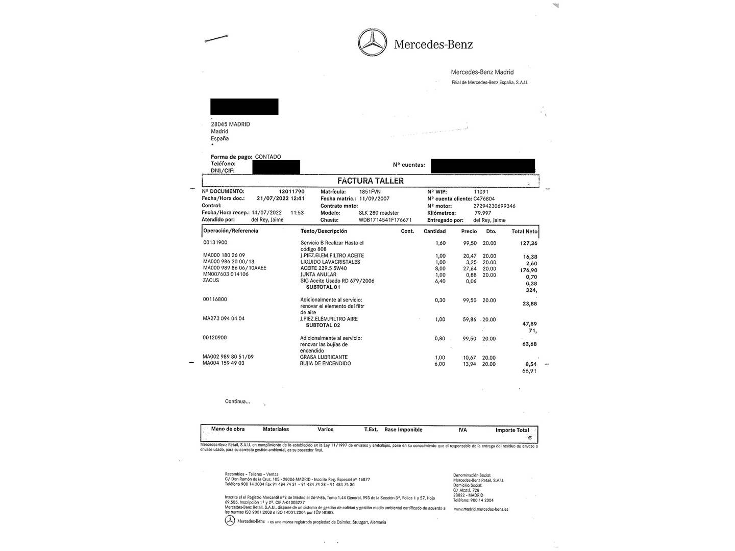 Foto del mantenimiento del Mercedes Clase SLK Mercedes Clase SLK 280 (231 CV)