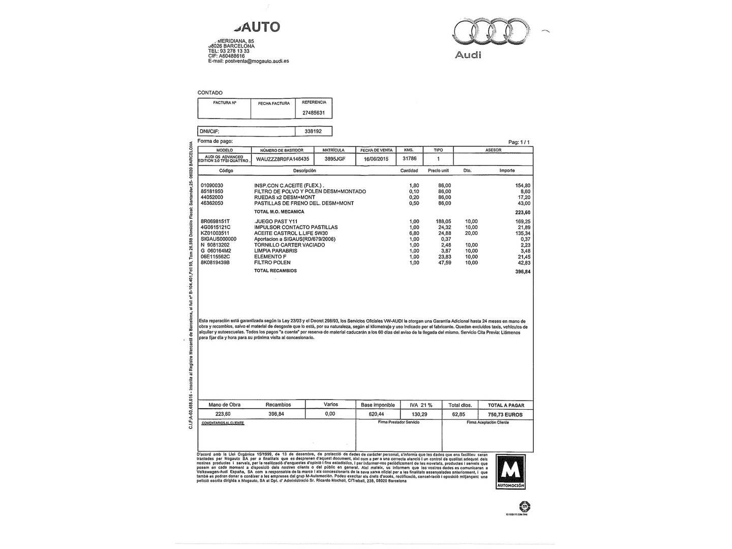 Foto del mantenimiento del Audi Q5 AUDI Q5 Advanced edition 3.0 TFSI quattro (272 CV) tiptronic