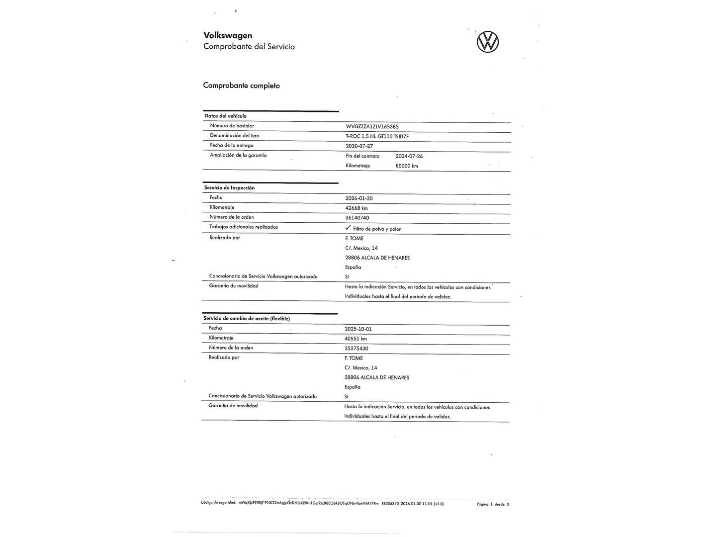 Foto del mantenimiento del Volkswagen T-Roc Volkswagen T-Roc Sport 1.5 TSI (150 CV) DSG