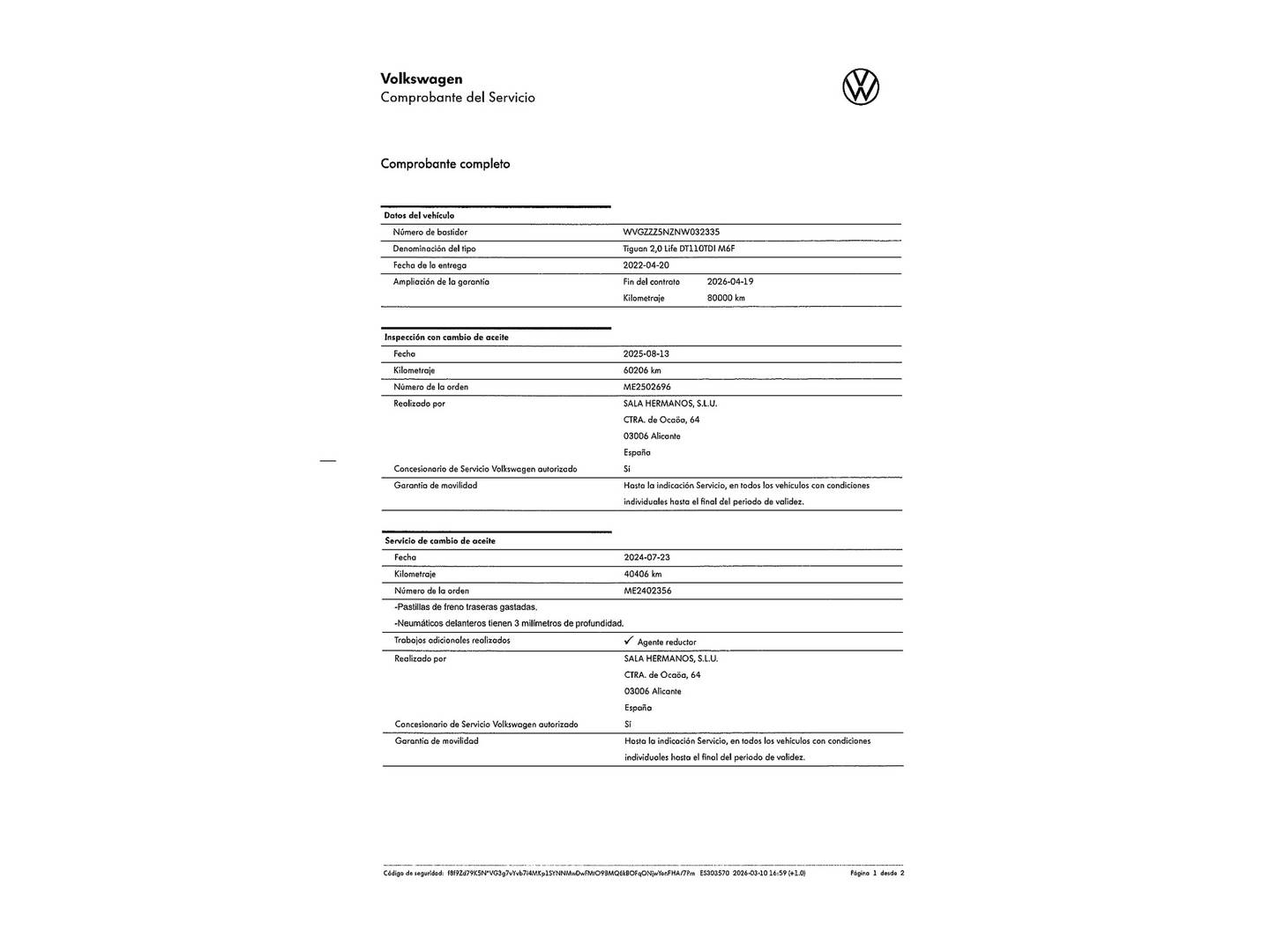 Foto del mantenimiento del Volkswagen Tiguan Volkswagen Tiguan Life 2.0 TDI  (150 CV)