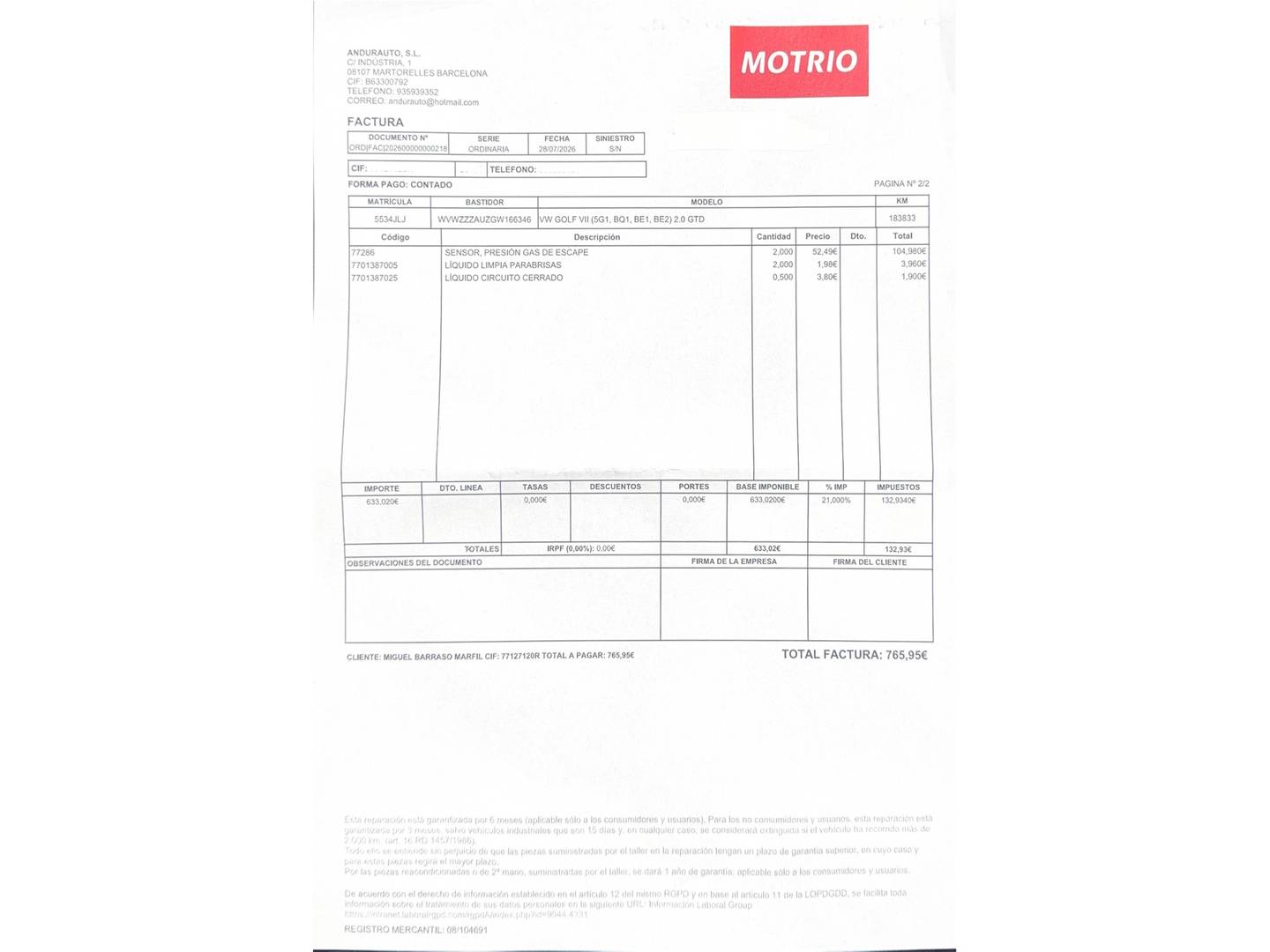 Foto del mantenimiento del Volkswagen Golf Volkswagen Golf GTD 2.0 TDI CR BMT (184 CV) DSG