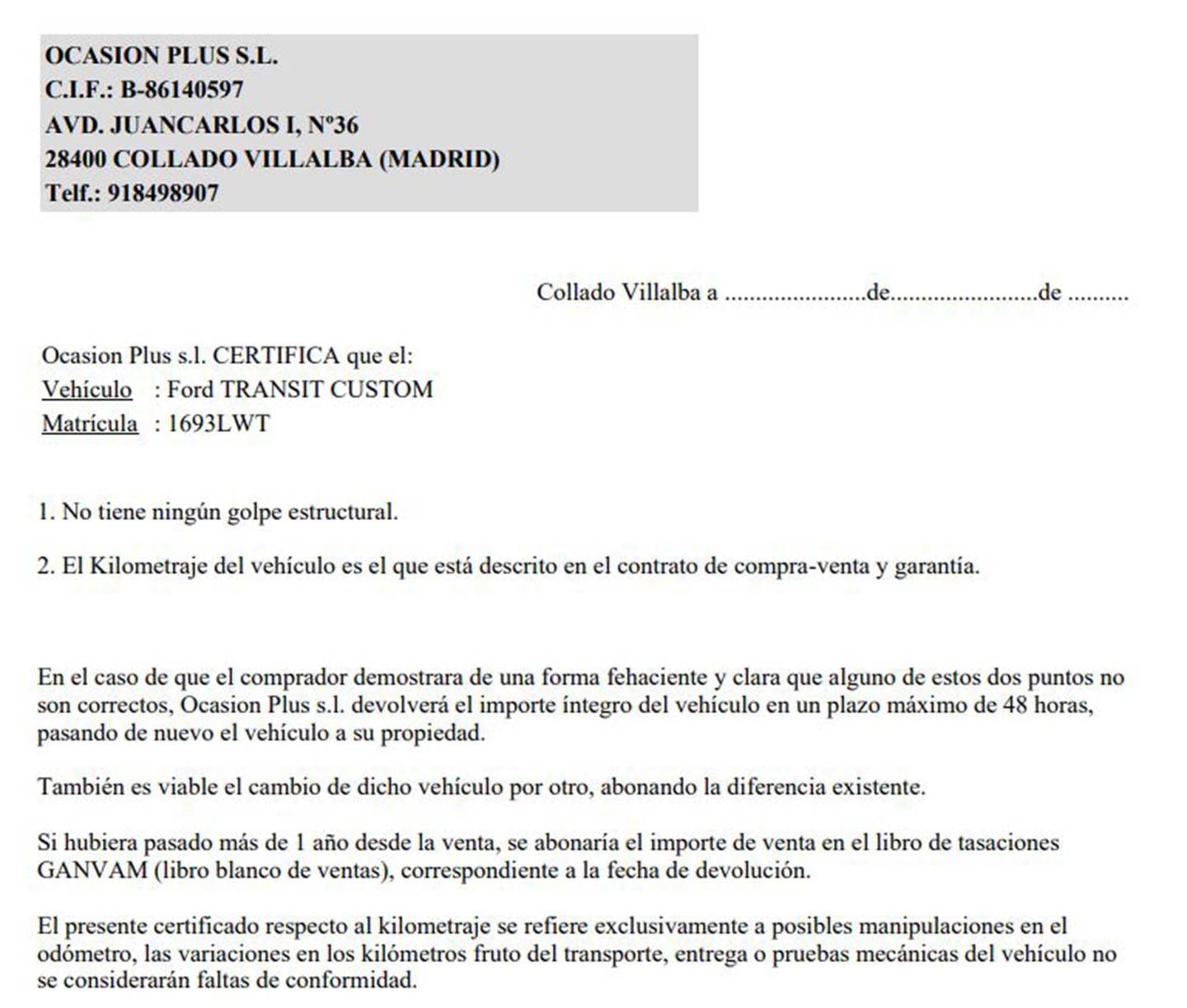 Foto del certificado del Ford Transit Custom Ford Transit Custom Furgon 2.0 TDCI MHEV 320 L1 Trend (130 CV)