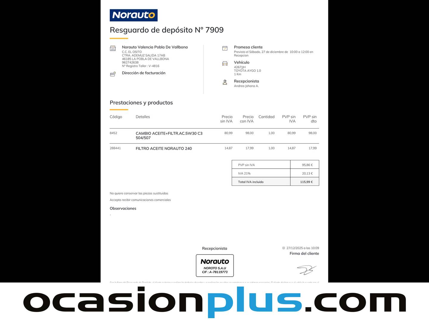 Foto del mantenimiento del Toyota Aygo Toyota Aygo 70 City (68 CV)