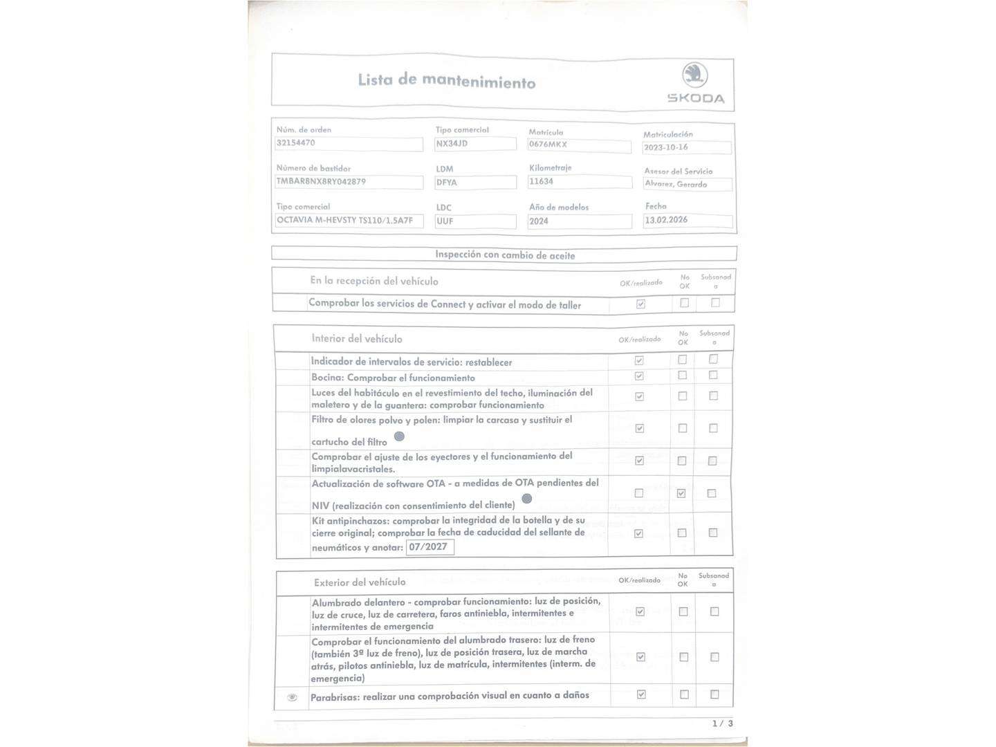 Foto del mantenimiento del Skoda Octavia Skoda Octavia 1.5 TSI m-HEV Selection DSG (150 CV)