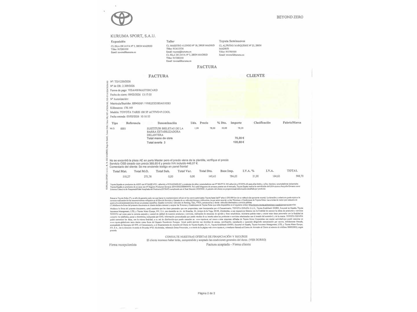 Foto del mantenimiento del Toyota Yaris Toyota Yaris 1.3 Active (99 CV)