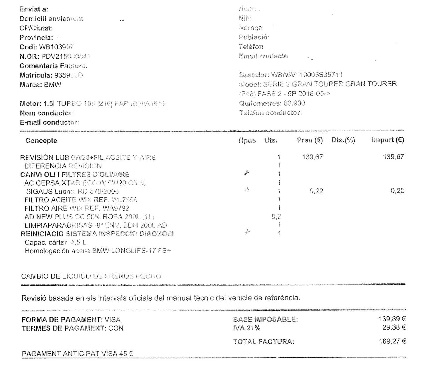 Foto del mantenimiento del BMW Serie 2 BMW Serie 2 Gran Tourer 216i (109 CV) 7 Plazas