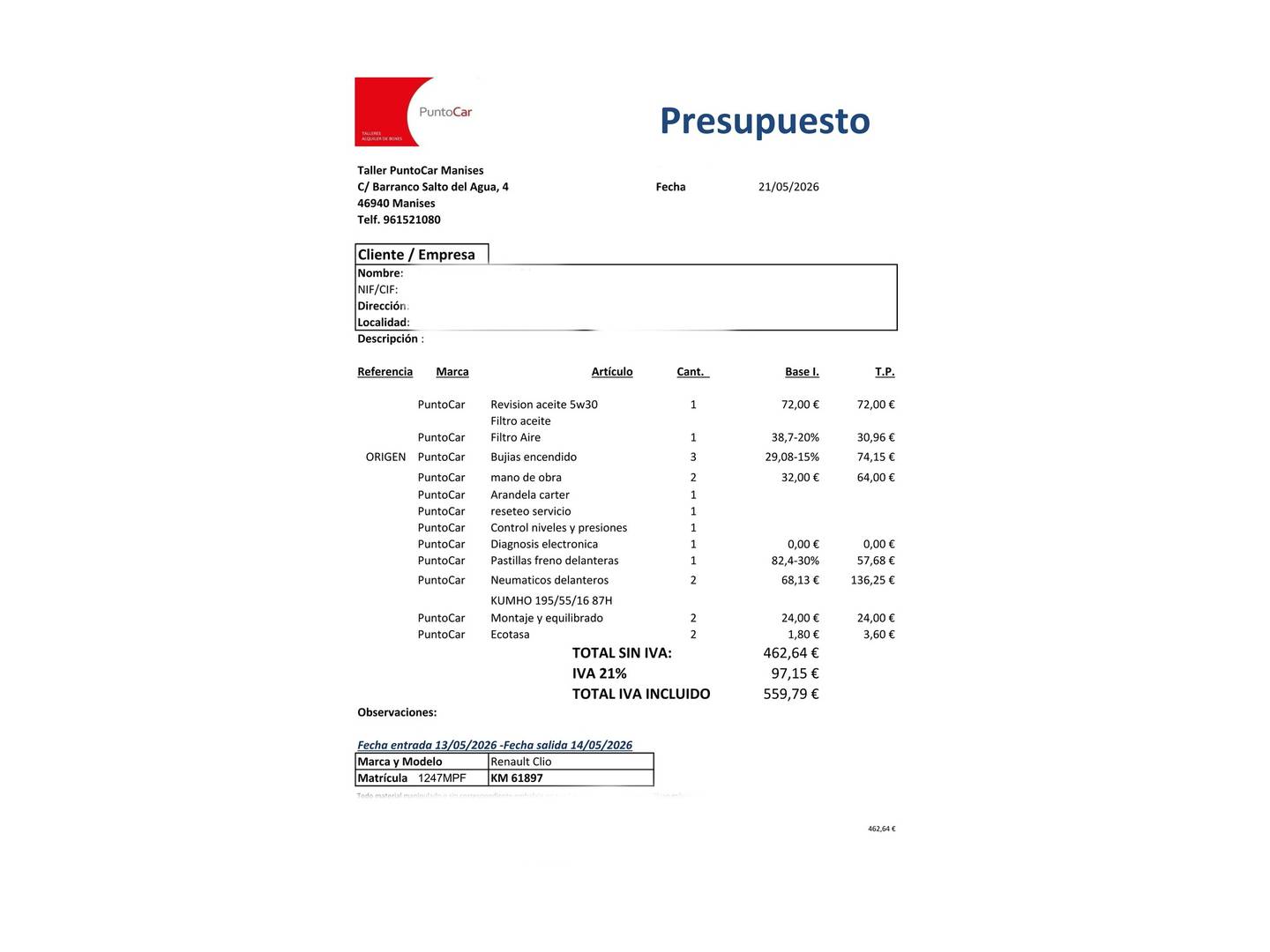 Foto del mantenimiento del Renault Clio Renault Clio Techno TCe (90 CV)