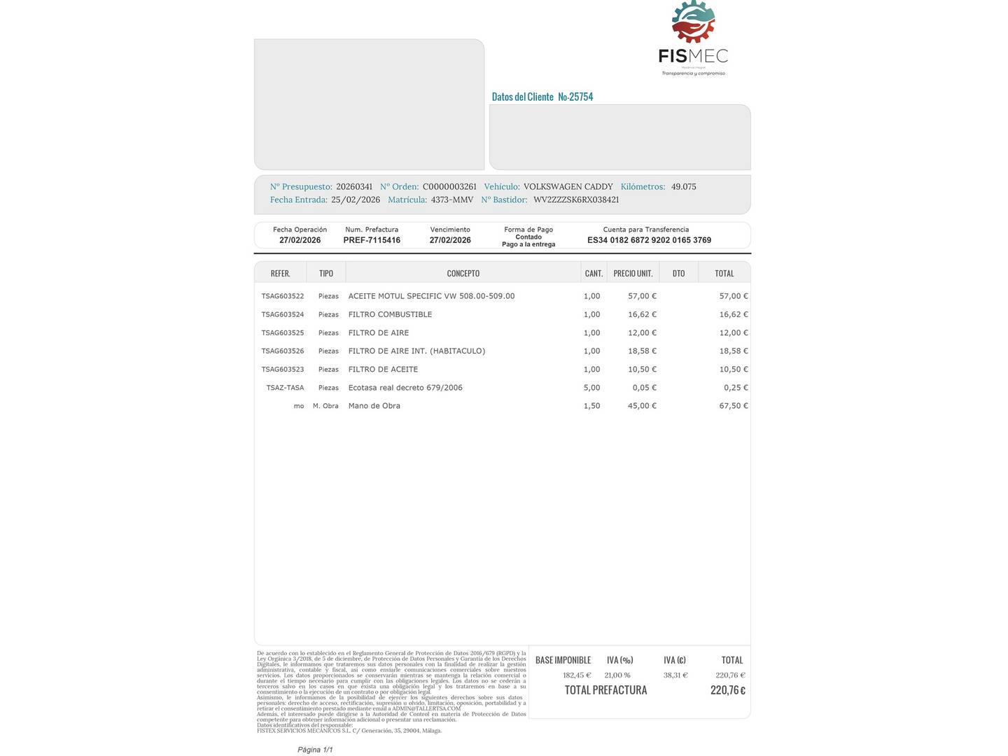 Foto del mantenimiento del Volkswagen Caddy Volkswagen Caddy 2.0 TDI BMT (102 CV)