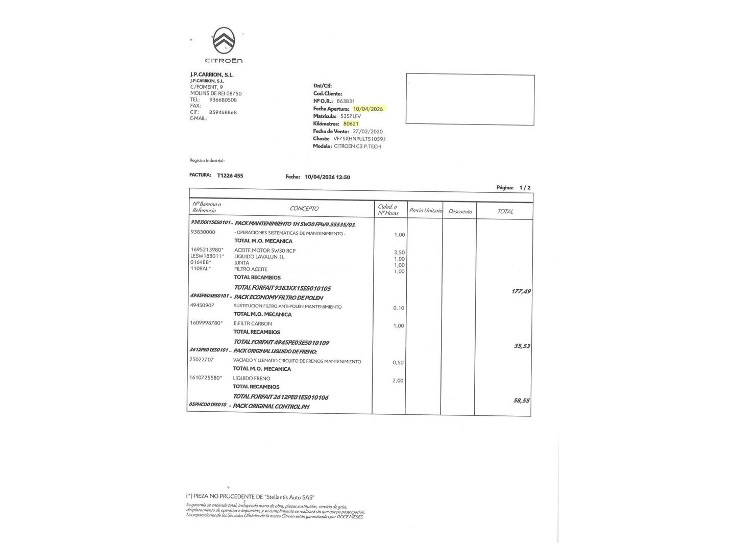 Foto del mantenimiento del Citroën C3 Citroën C3 PureTech 110 S&S Shine (110 CV)