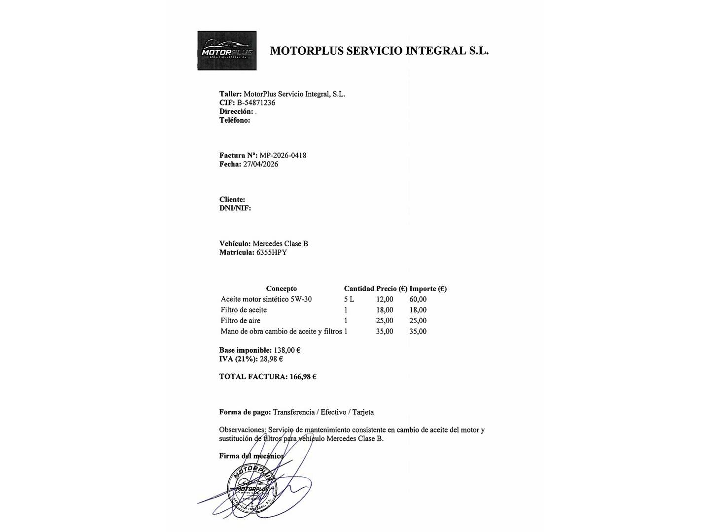 Foto del mantenimiento del Mercedes Clase B Mercedes Clase B 180 CDI (109 CV)