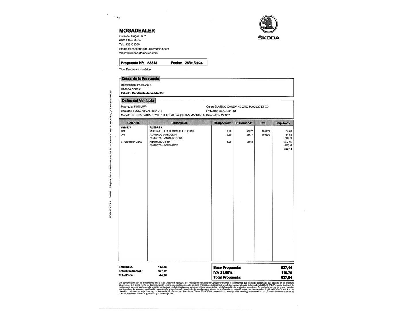 Foto del mantenimiento del Skoda Fabia Skoda Fabia 1.0 TSI Style (95 CV)
