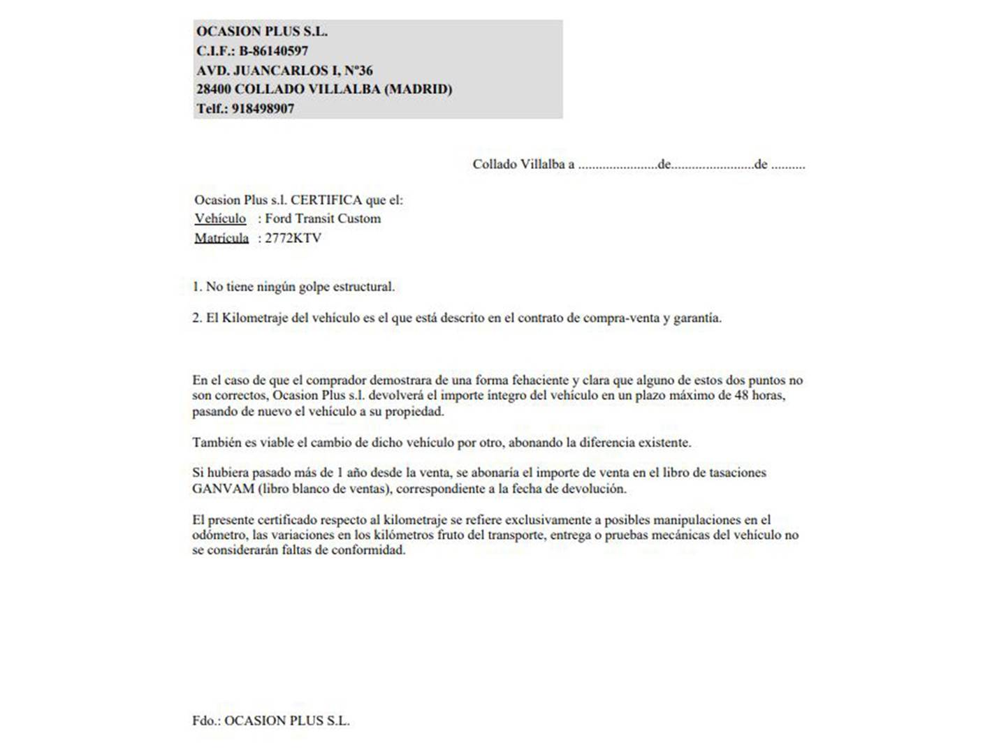 Foto del certificado del Ford Transit Custom FORD Transit Custom Kombi 2.0 TDCI  310 L1 Sport  (170CV) 8 Plazas
