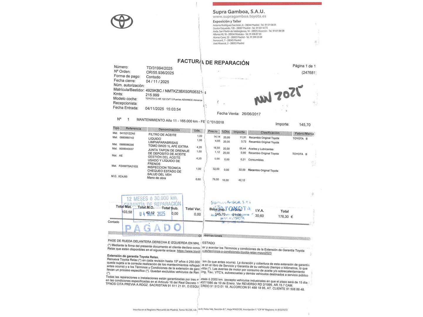 Foto del mantenimiento del Toyota C-HR Toyota C-HR 1.8 125H Advance (122 CV)